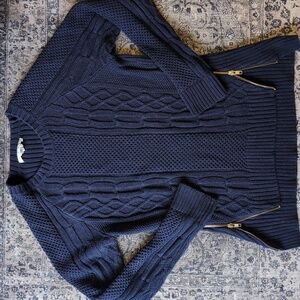 CAbi Navy Cable Knit Sweater w/ Gold Zippers On Sides